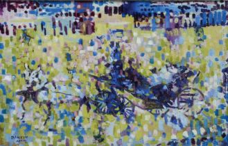 DANTON F. ADAMS (1904-1991) OIL ON CANVAS Pointillist painting ‘Park Ride’ of figures out for a