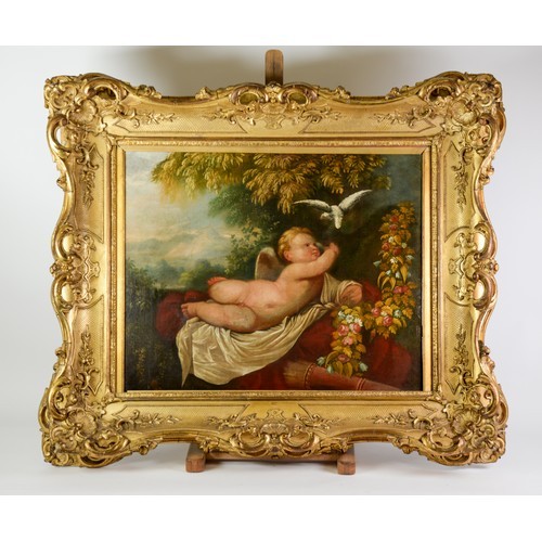 UNATTRIBUTED (NINETEENTH CENTURY CONTINENTAL SCHOOL) OIL ON RELINED CANVAS Cupid reclining with a - Image 2 of 2