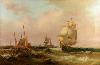 JAMES BAKER PYNE (1800 – 1870) OIL ON CANVAS Seascape busy with sailing vessels on a rough day