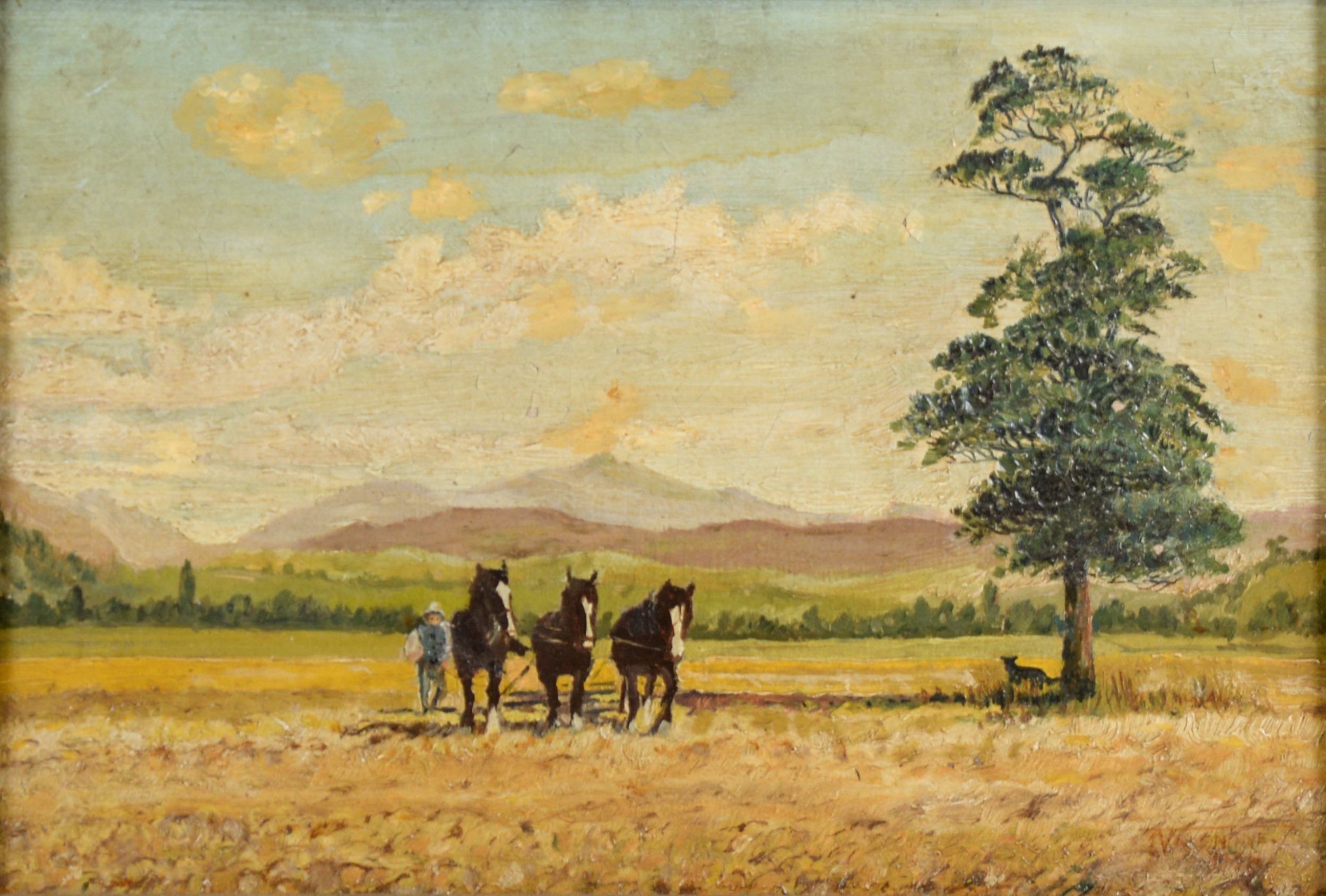 UNATTRIBUTED (EARLY TWENTIETH CENTURY BRITISH SCHOOL) OIL ON CANVAS Horse drawn plough with hills in