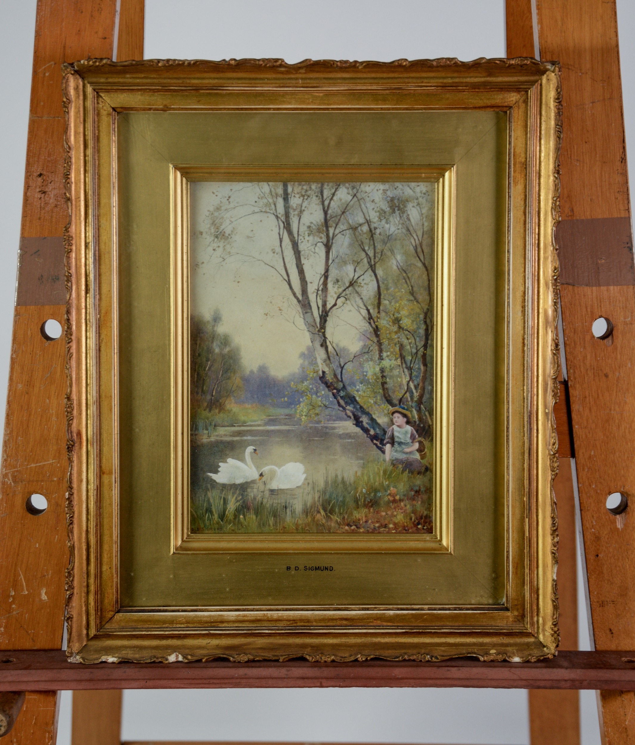 BENJAMIN D SIGMUND (1857-1947) WATERCOLOUR Lake scene with girl and pair of swans Signed 10” x 7” ( - Image 2 of 2