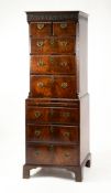 GEORGE III STYLE FIGURED MAHOGANY CHEST ON CHEST, OF NARROW PROPORTIONS, the moulded cornice above a