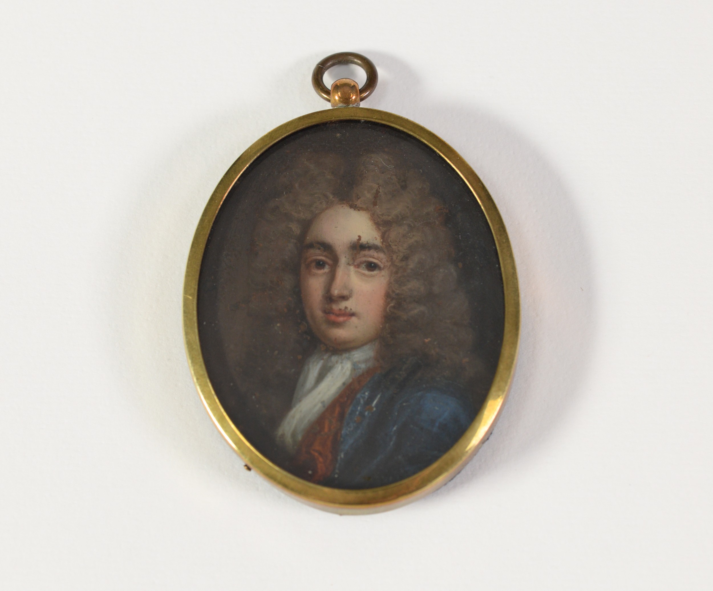 18th CENTURY PORTRAIT MINIATURE ON COPPER of Sir Isaac Newton in blue jacket and scarf, unsigned;