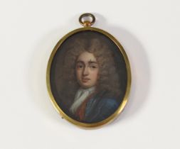 18th CENTURY PORTRAIT MINIATURE ON COPPER of Sir Isaac Newton in blue jacket and scarf, unsigned;