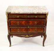 EPSTEIN BROS: Marble top and kingwood marquetry Louis XV style commode with brass mounts, chutes and