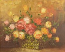 UNATTRIBUTED (TWENTIETH CENTURY) OIL ON CANVAS Basket of red and cream roses Unsigned 16” x 20” (