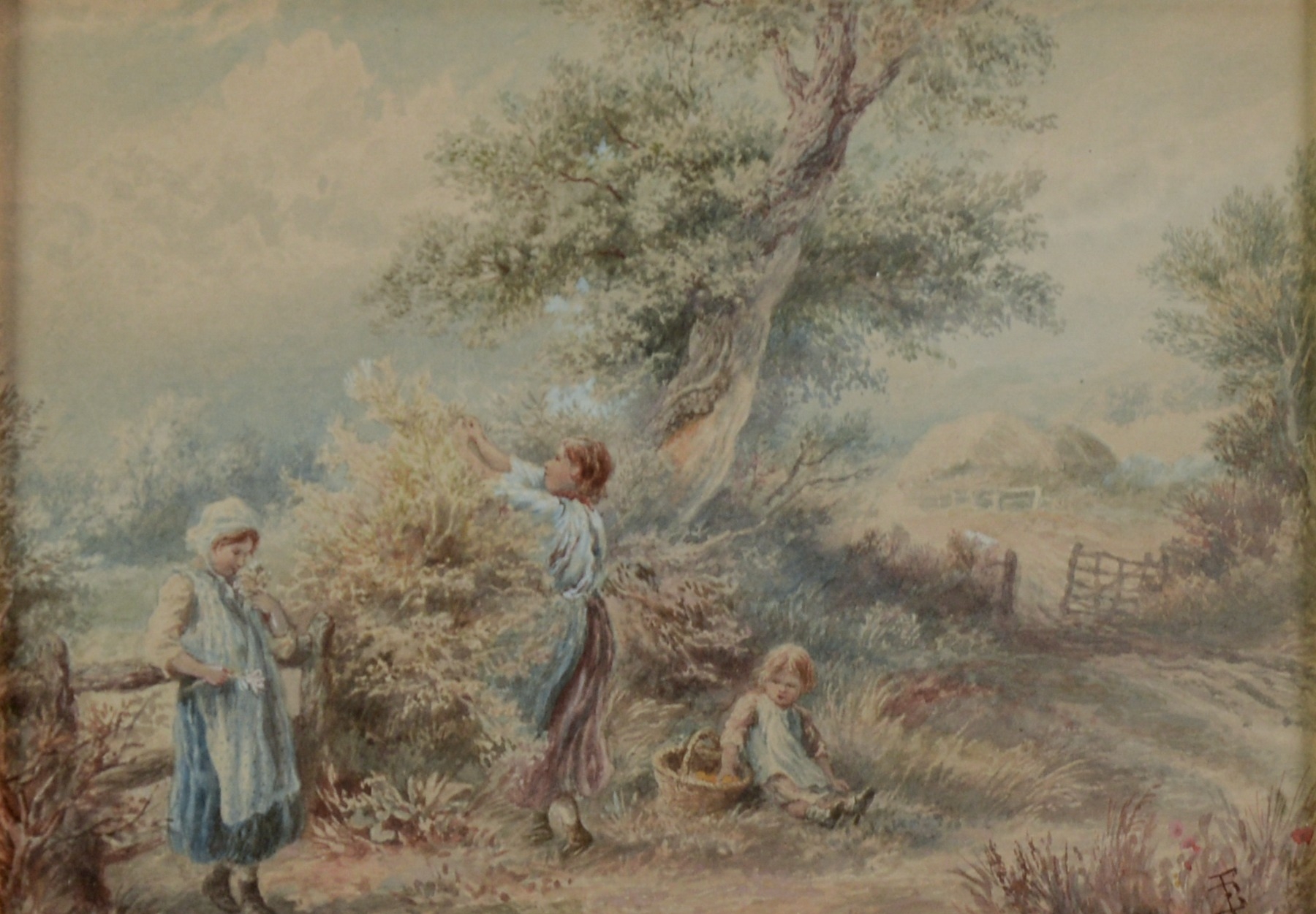 AFTER MILES BIRKET FOSTER PAIR OF WATERCOLOURS Rural scene with children and rabbits