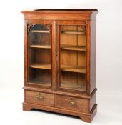 EARLY NINETEENTH CENTURY MAHOGANY BOOKCASE, the moulded oblong top with short back, set above a pair