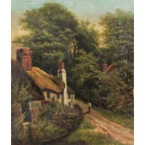 UNATTRIBUTED (NINETEENTH CENTURY) OIL ON CANVAS Figure on a country path in front of a cottage