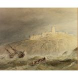 WILLIAM CLARKSON STANFIELD (1793 – 1867) WATERCOLOUR Ship wrecked on cliffs with lifeboat nearby,