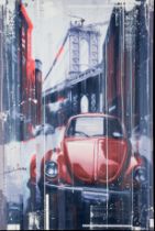 KRIS HARDY (1978) MIXED MEDIA ON CANVAS ‘V W Beetle’ Signed, titled to gallery label verso 36” x 24”