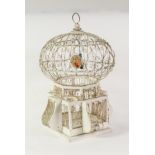 VICTORIAN AIR-BALLOON BIRDCAGE: Victorian white painted wirework and wood air-balloon birdcage,