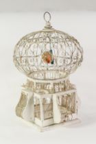 VICTORIAN AIR-BALLOON BIRDCAGE: Victorian white painted wirework and wood air-balloon birdcage,