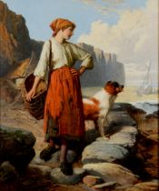 WILLIAM HENRY MIDWOOD (fl.1867-1871) OIL PAINTING ON CANVAS A coastal scene with a fisherwoman and a