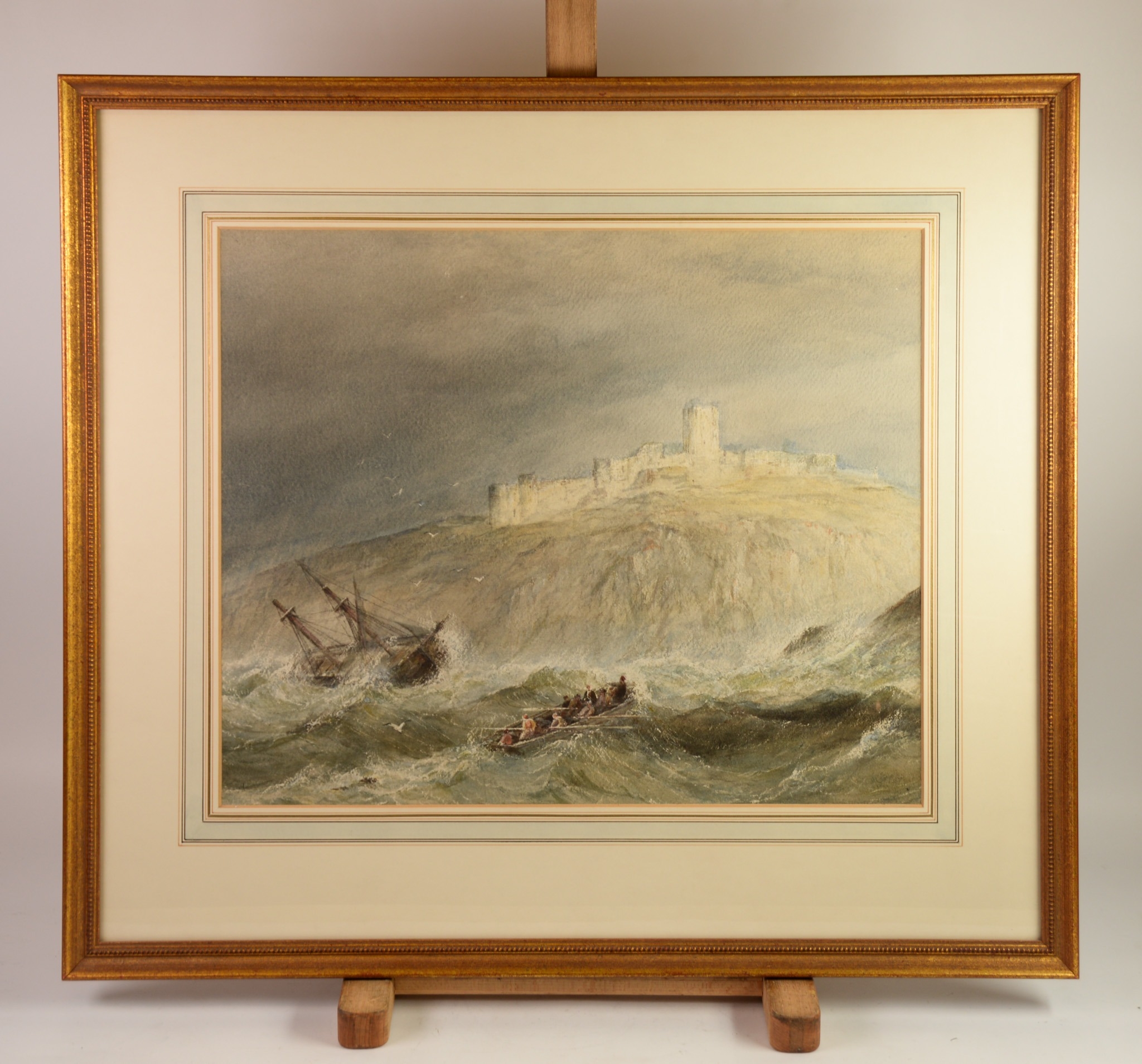 WILLIAM CLARKSON STANFIELD (1793 – 1867) WATERCOLOUR Ship wrecked on cliffs with lifeboat nearby, - Image 3 of 4