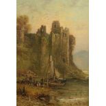 G. LESLIE (act. 1877-1896) OIL ON CANVAS Pembroke Castle with figures and boats Signed lower right