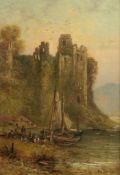 G. LESLIE (act. 1877-1896) OIL ON CANVAS Pembroke Castle with figures and boats Signed lower right