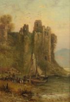 G. LESLIE (act. 1877-1896) OIL ON CANVAS Pembroke Castle with figures and boats Signed lower right