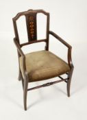 CHILD’S CHAIR: Edward VII child’s mahogany parlour armchair with line inlay and marquetry splat, 28”