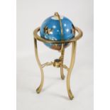 MODERN POLISHED SPECIMEN HARDSTONE GLOBE ON FLOOR STANDING BRASS BASE, the globe with pale blue