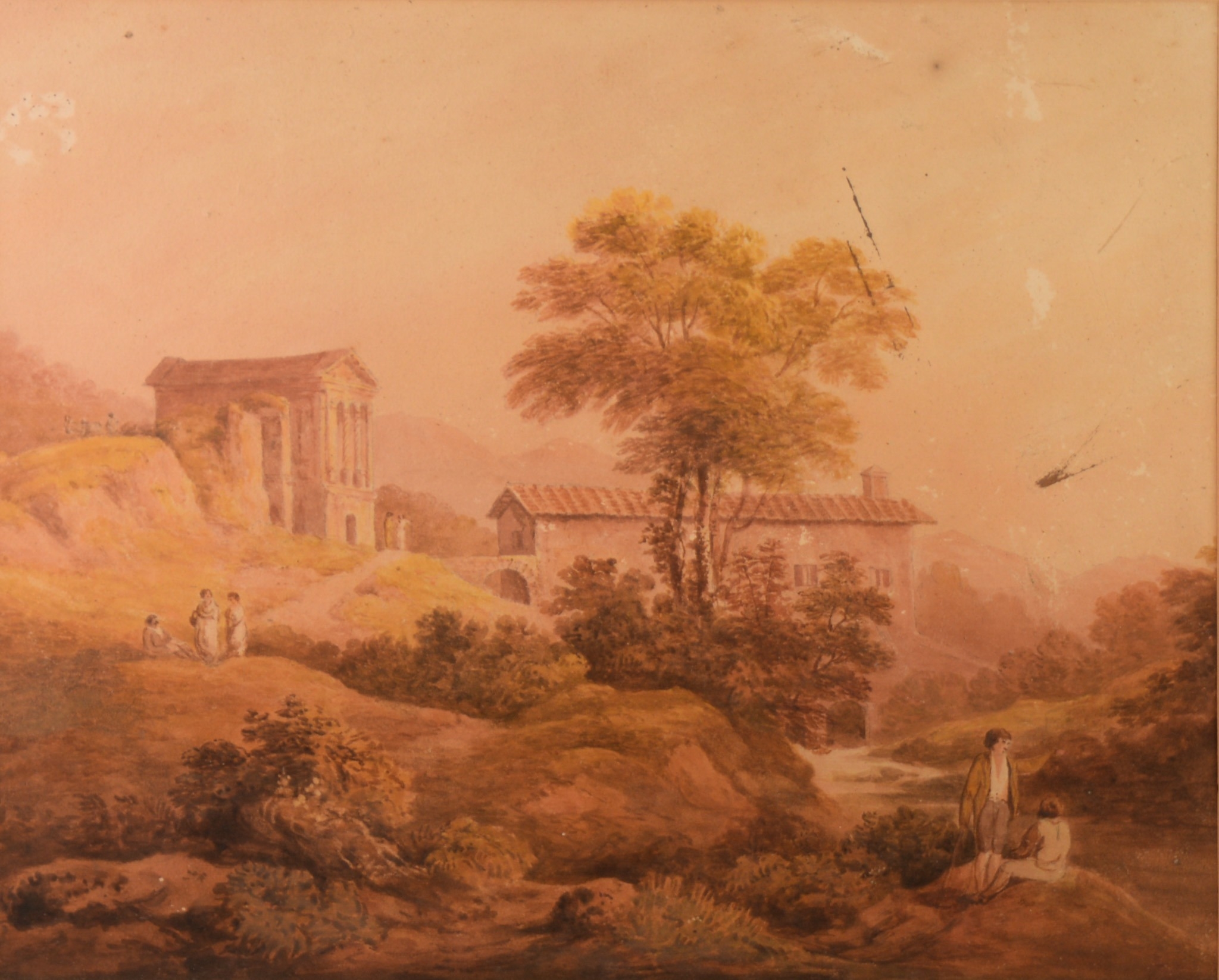 FRANCIS NICHOLSON (1753 – 1844) SEPIA WATERCOLOUR ‘The Temple on the banks of the River Clitumnus’ - Image 2 of 4