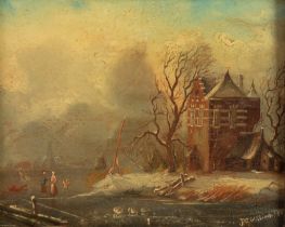 PETER CORNELIUS WILLINCK OIL ON PANEL Dutch scene with figures on a frozen river, large building