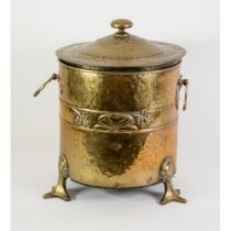 ARTS & CRAFTS PLANISHED BRASS CYLINDRICAL TWO HANDLED COAL BUCKET AND COVER, with later bucket