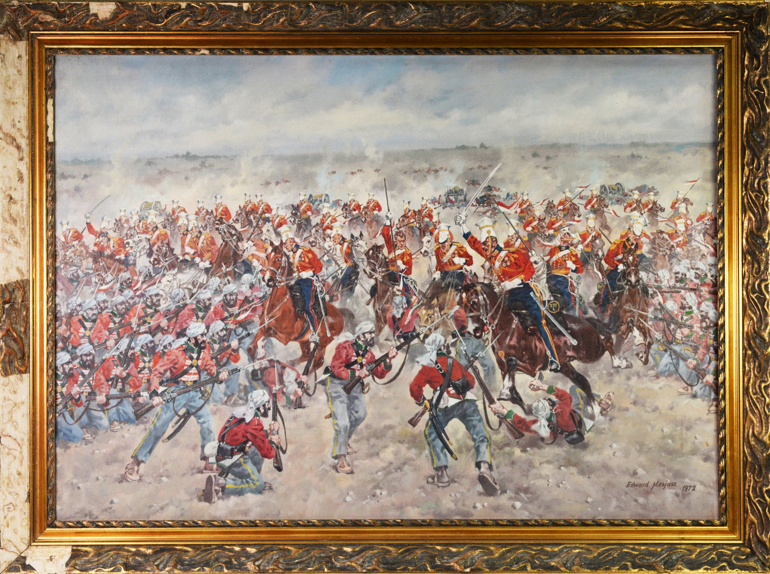 EDWARD MESJASZ (1929-2007) (Polish) OIL ON CANVAS LAID ON BOARD The 16th Lancers at the Charge at - Image 2 of 2
