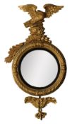 REGENCY CAPTAIN’S MIRROR: Large giltwood convex wall mirror with ebonised bezel and framed inn oak-