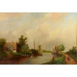 JJC SPOHLER (1837 – 1922) OIL ON BOARD Dutch canal scene with boats and figures Signed lower left