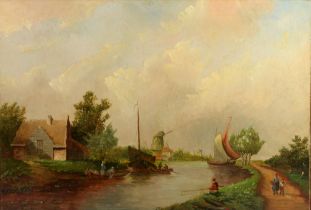 JJC SPOHLER (1837 – 1922) OIL ON BOARD Dutch canal scene with boats and figures Signed lower left