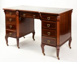 LATE VICTORIAN LINE INLAID MAHOGANY TWIN PEDESTAL DESK BY Edwards & Roberts, the inverted breakfront