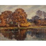 CLYDE PETERSON (20th century) OIL ON CANVAS Autumnal lake scene Painted on scrim c.1930 Signed lower