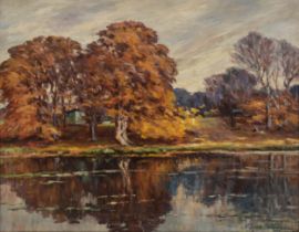 CLYDE PETERSON (20th century) OIL ON CANVAS Autumnal lake scene Painted on scrim c.1930 Signed lower
