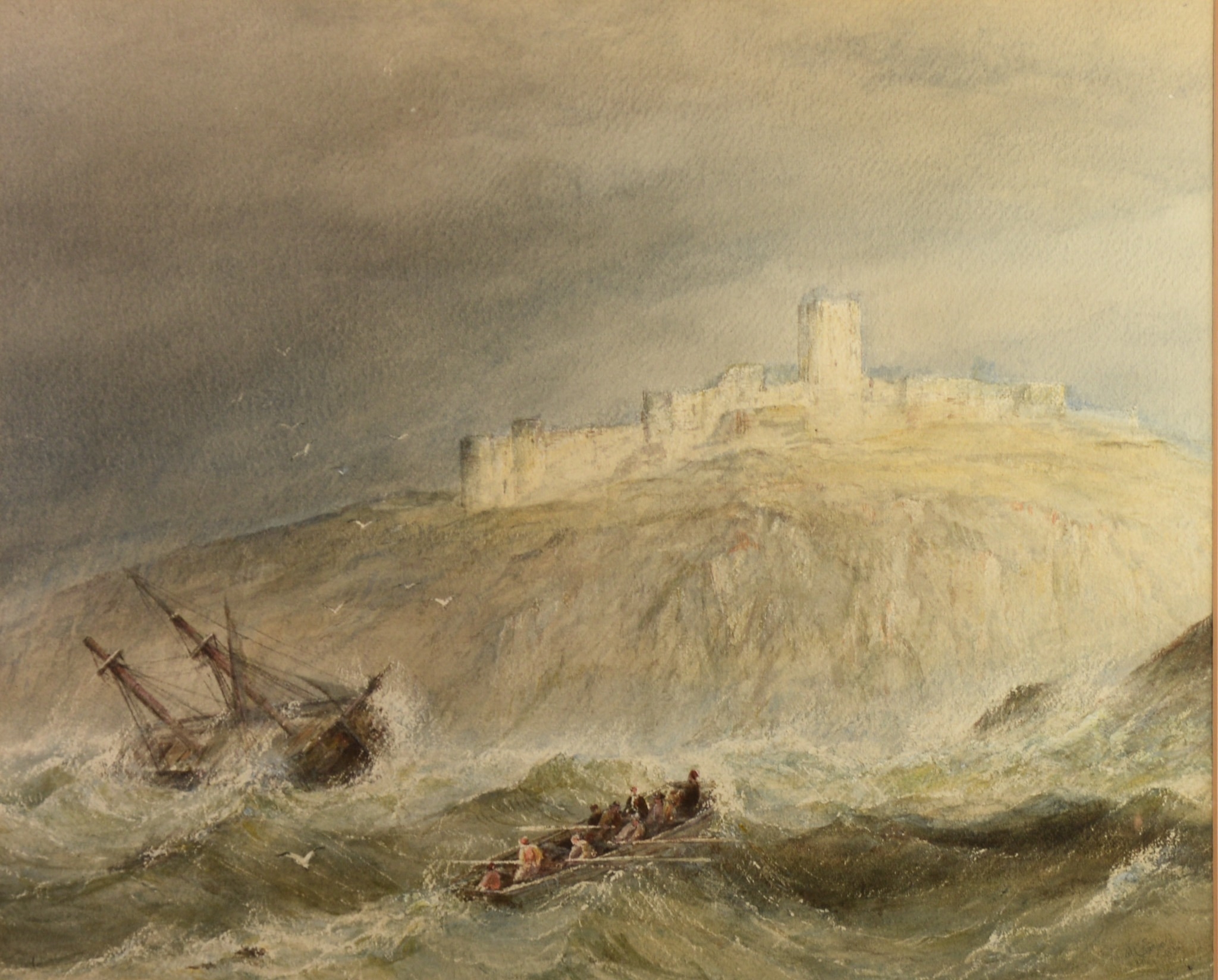 WILLIAM CLARKSON STANFIELD (1793 – 1867) WATERCOLOUR Ship wrecked on cliffs with lifeboat nearby, - Image 4 of 4