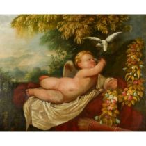 UNATTRIBUTED (NINETEENTH CENTURY CONTINENTAL SCHOOL) OIL ON RELINED CANVAS Cupid reclining with a