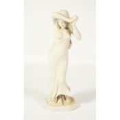 MODERN WHITE MARBLE SEMI DRAPED FEMALE FIGURE, modelled with hands above head, 24 ½” (62.2cm) high