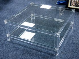 1970’s LUCITE SQUARE COFFEE TABLE, with glass top and  undershelf, 15” (38cm) high, 36” (91.4cm)