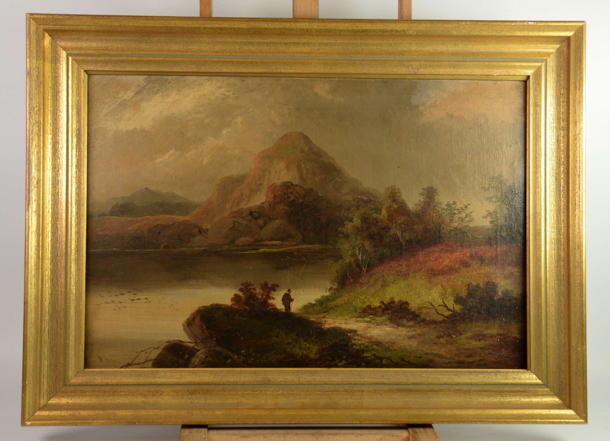 W HALE OIL ON CANVAS Landscape with mountains, lake and figure Signed lower left 15 ½” x 23 ½” (39. - Image 3 of 4