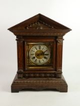 JUNGHANS EARLY TWENTIETH CENTURY OAK CASED MANTLE CLOCK, the 5” brass dial with silvered Roman