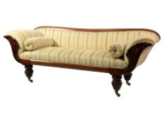 WILLIAM IV CARVED MAHOGANY DOUBLE ENDED SOFA, the moulded show wood frame with straight top rail and
