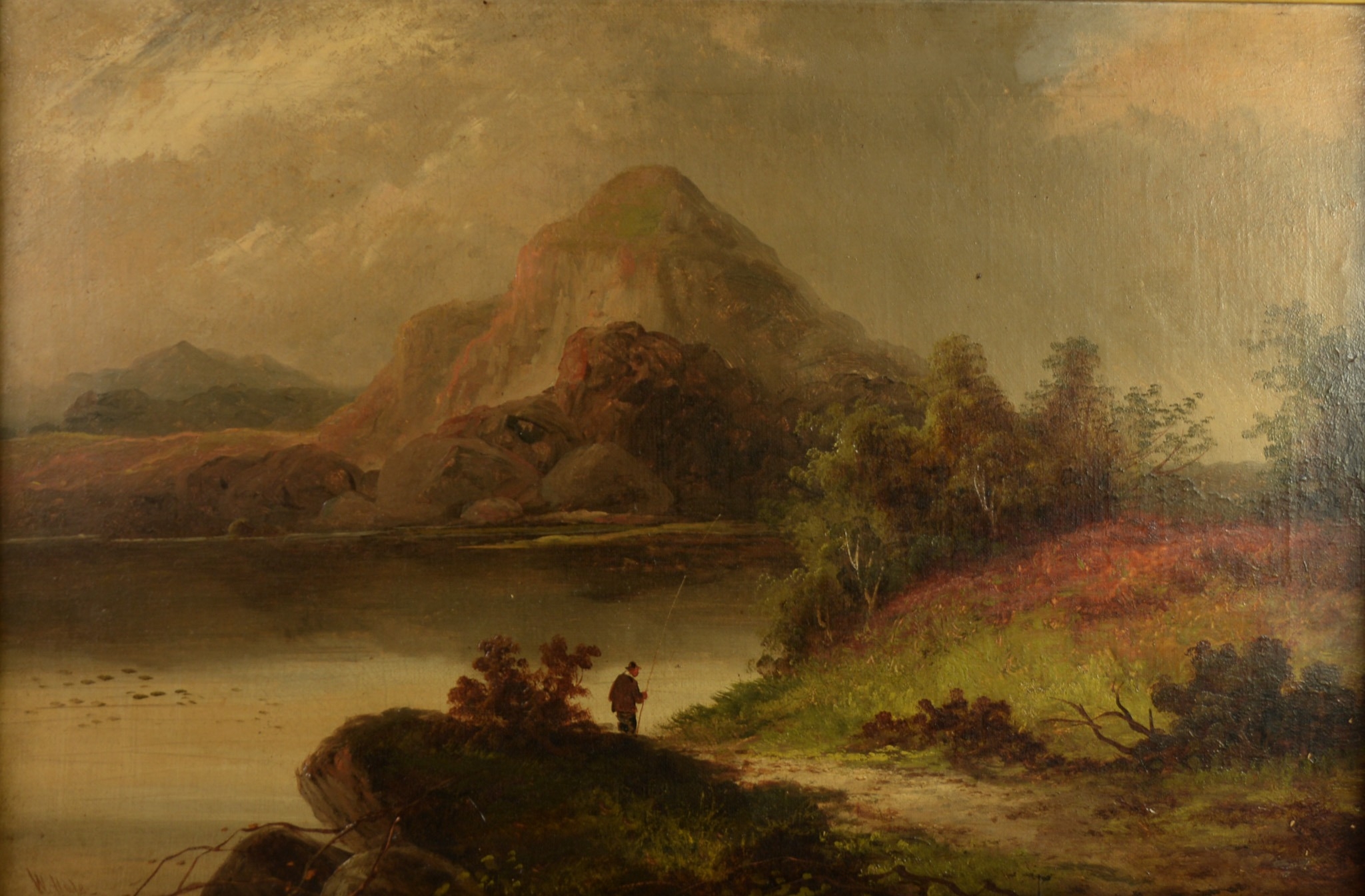 W HALE OIL ON CANVAS Landscape with mountains, lake and figure Signed lower left 15 ½” x 23 ½” (39. - Image 4 of 4