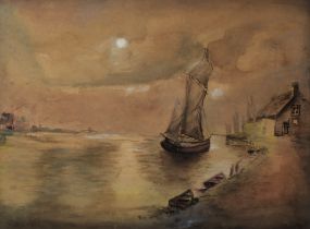 UNATTRIBUTED (EARLY TWENTIETH CENTURY) WATERCOLOUR Moonlit tranquil estuary scene with sailing