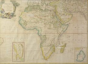ANTIQUE FRENCH HAND COLOURED MAP OF AFRICA BY DELAMARCHE, 1768, with two vignettes for Du Cape De