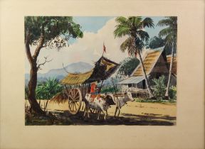 ABU BAKAR IBRAHIM (1925-1977) TWO SIGNED WATERCOLOURS Far Eastern village scene with oxen drawn cart