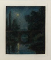 UNATTRIBUTED (LATE NINETEENTH (EARLY TWENTIETH CENTURY) PASTEL Moonlight river scene with stone