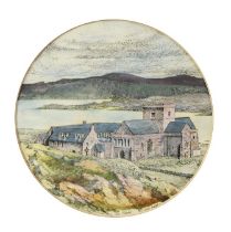 JAN FISHER (1938) WATERCOLOUR, CIRCULAR ‘Iona Abbey’ Signed and titled 8 ¼” (21cm) diameter TONY