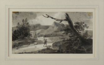 STYLE OF JOHN VARLEY (1778-1842) MONOCHROME WATERCOLOUR Landscape with figure on a path in the