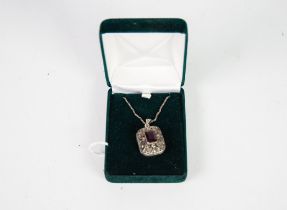 SILVER AND MARCASITE OBLONG, HINGE OPENING VINAIGRETTE PENDANT, COLLET SET WITH OBLONG AMETHYST,