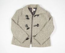 OUI MOMENTS, LADY'S 70% WOOL, GREY HERRINGBONE TWEED SHORT JACKET, with three black toggle